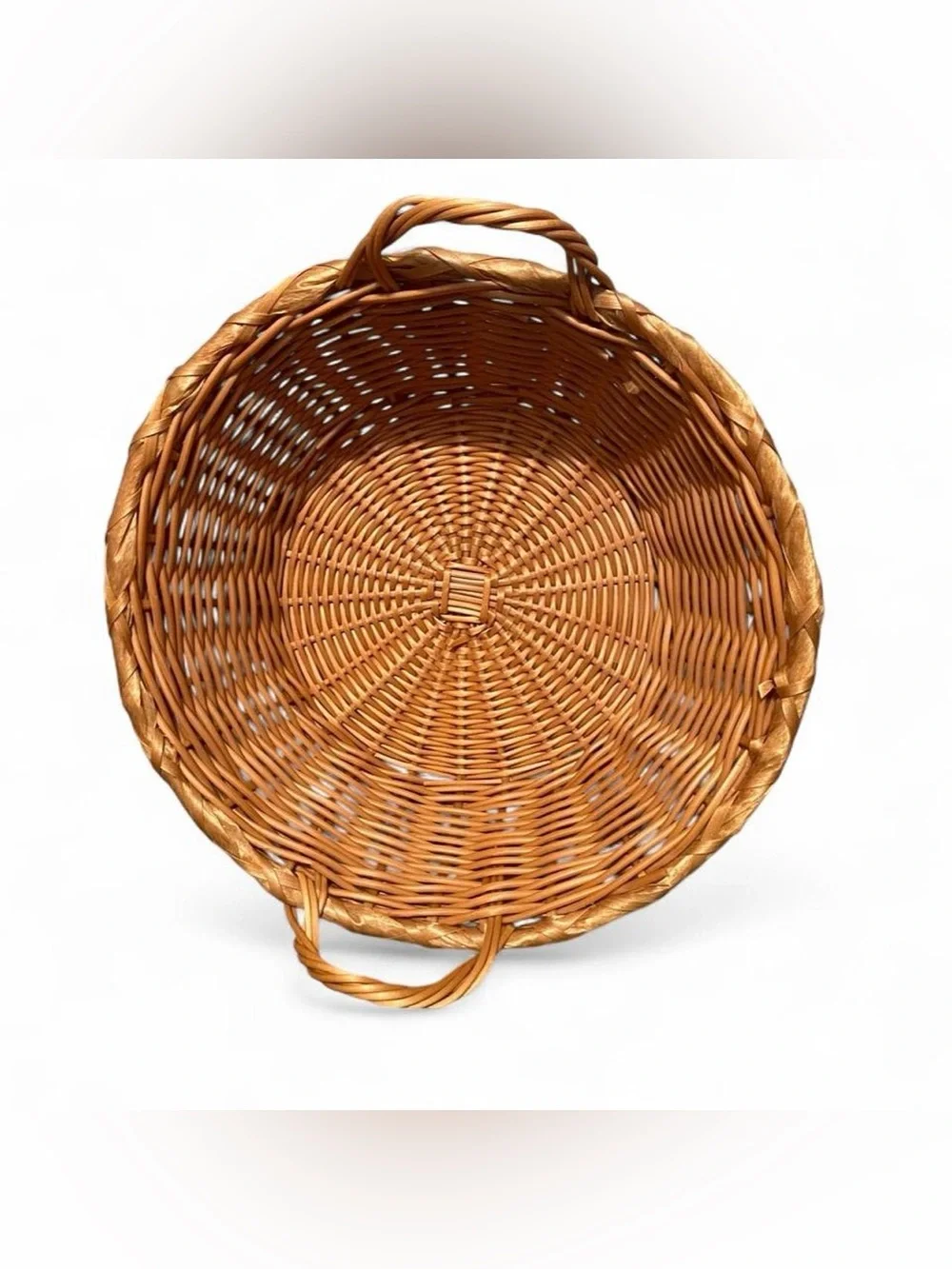 Vintage Basket Round Handled Light Honey Natural Cottagecore Wicker Woven Decor